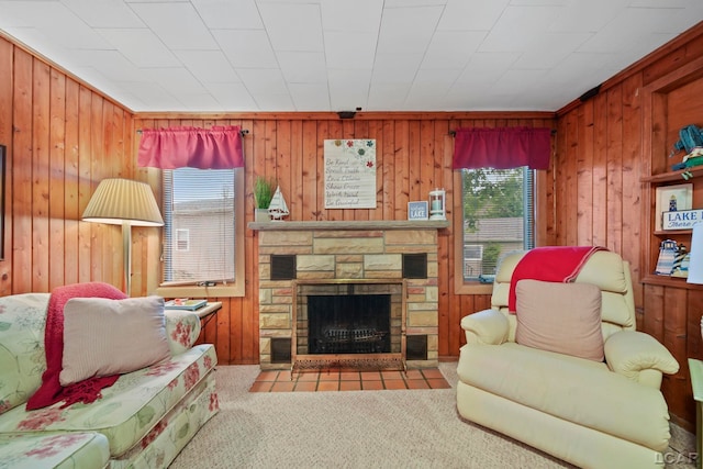 227 Lake View Dr, Hudson, MI 49247 - carpeted living room with wood walls and a stone fireplace