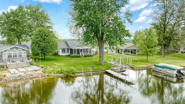 227 Lake View Dr, Hudson, MI 49247 - dock area with a water view, boat lift, and a lawn