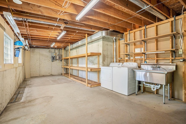 298 Chasseral Ct NW, Comstock Park, MI 49321 - basement with washing machine and clothes dryer, electric panel, and a sink