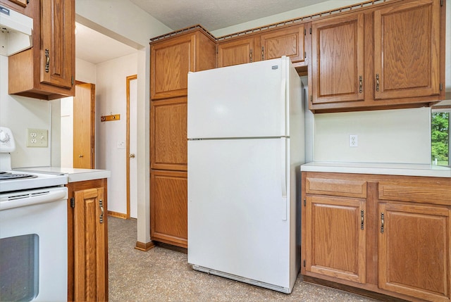 298 Chasseral Ct NW, Comstock Park, MI 49321 - kitchen featuring white appliances, light countertops, under cabinet range hood, and brown cabinets