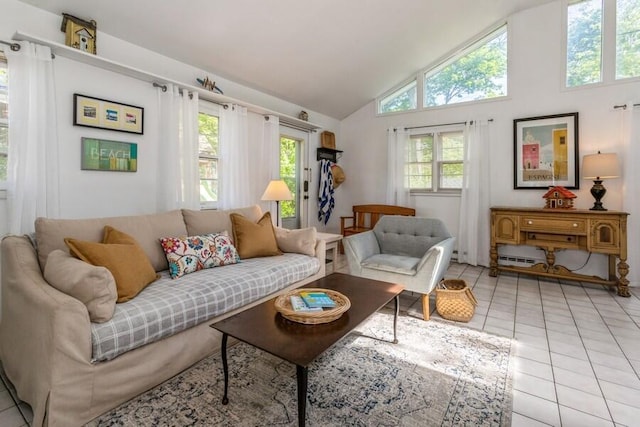 15826 Lakeshore Rd Unit 1, Union Pier, MI 49129 - living room featuring light tile patterned flooring and high vaulted ceiling