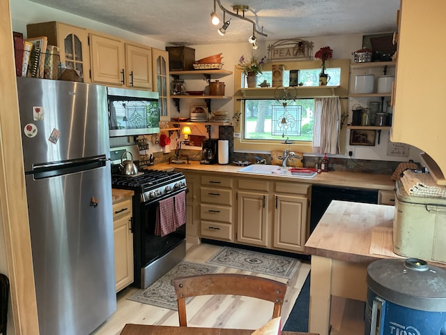 50 N Sprague St, Coldwater, MI 49036 - kitchen featuring appliances with stainless steel finishes, open shelves, a sink, and light wood-type flooring