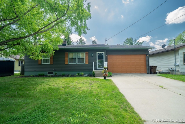 510 W Marshall St, Hastings, MI 49058 - single story home with a garage, concrete driveway, a front lawn, and a chimney