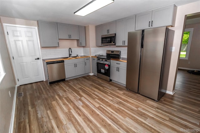 519 S Elm St, Lapeer, MI 48446 - kitchen featuring appliances with stainless steel finishes, a sink, gray cabinets, light wood-style floors, and tasteful backsplash