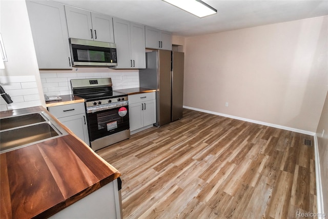 519 S Elm St, Lapeer, MI 48446 - kitchen with stainless steel appliances, butcher block countertops, tasteful backsplash, light wood-type flooring, and baseboards