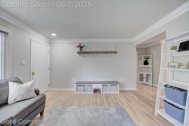 4511 Rosewold Ave, Royal Oak, MI 48073 - living area with wood finished floors, crown molding, baseboards, wooden walls, and recessed lighting