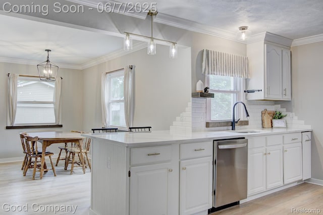 4511 Rosewold Ave, Royal Oak, MI 48073 - kitchen with stainless steel dishwasher, a sink, light wood-style flooring, backsplash, and crown molding