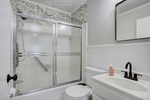 4511 Rosewold Ave, Royal Oak, MI 48073 - full bath featuring toilet, combined bath / shower with glass door, vanity, and ornamental molding