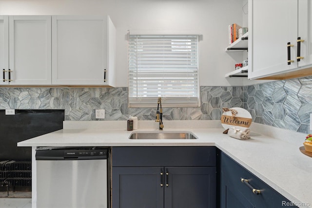 5784 Whittier St, Detroit, MI 48224 - kitchen with stainless steel dishwasher, a sink, light countertops, open shelves, and backsplash