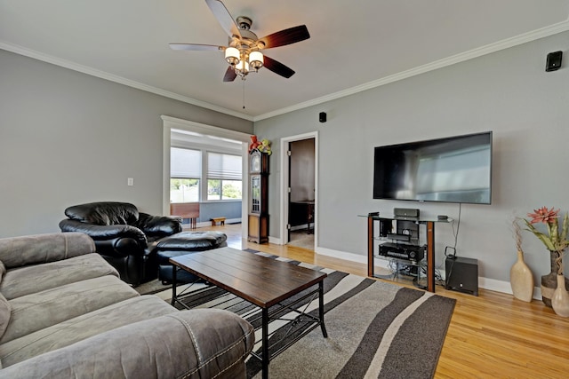 350 N Broadway St, Lake Orion, MI 48362 - living room with ceiling fan, light wood-type flooring, crown molding, and baseboards