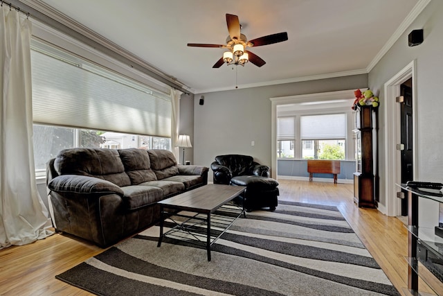 350 N Broadway St, Lake Orion, MI 48362 - living room featuring light wood-style flooring, crown molding, and ceiling fan