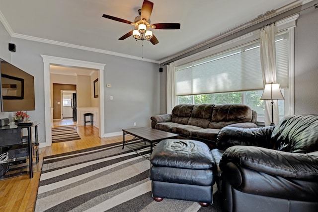 350 N Broadway St, Lake Orion, MI 48362 - living area with light wood-type flooring, ceiling fan, ornamental molding, and baseboards