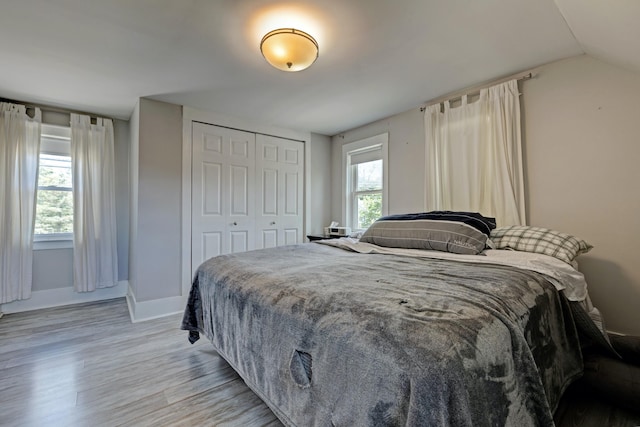 350 N Broadway St, Lake Orion, MI 48362 - bedroom featuring light wood finished floors, baseboards, a closet, and vaulted ceiling