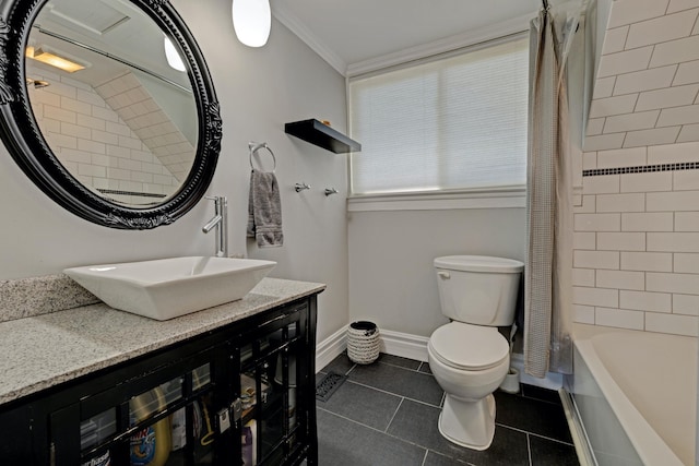350 N Broadway St, Lake Orion, MI 48362 - bathroom with vanity, toilet, tile patterned flooring, shower / bath combo with shower curtain, and crown molding