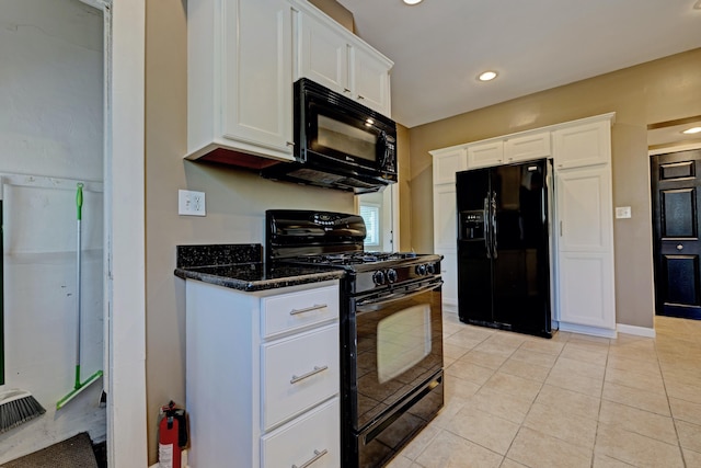 350 N Broadway St, Lake Orion, MI 48362 - kitchen featuring black appliances, white cabinetry, dark stone countertops, recessed lighting, and light tile patterned floors