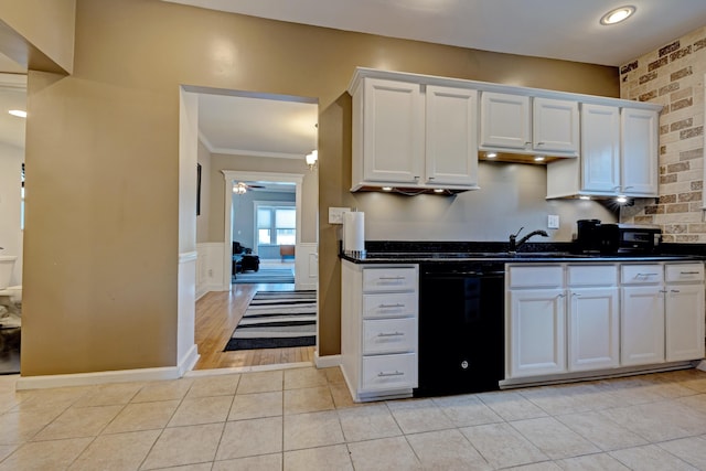350 N Broadway St, Lake Orion, MI 48362 - kitchen with black dishwasher, dark countertops, white cabinetry, ornamental molding, and a ceiling fan