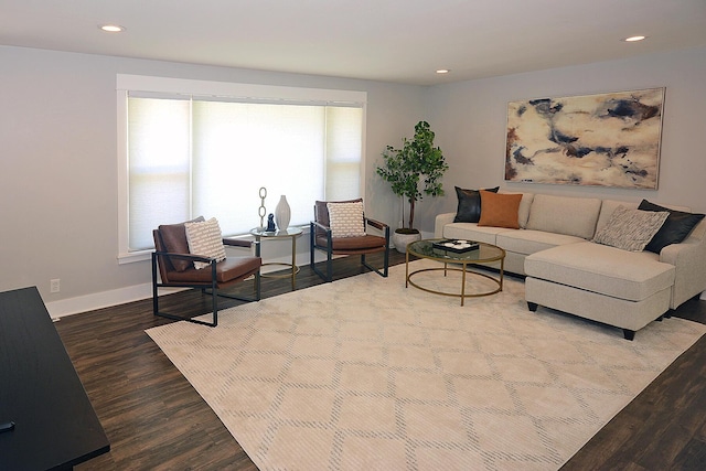 222 S Park St, Zeeland, MI 49464 - living room featuring dark wood-style flooring, baseboards, and recessed lighting