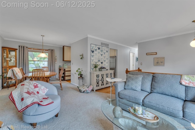23637 Cranbrooke Dr, Novi, MI 48375 - living room featuring ornamental molding, light carpet, and baseboards