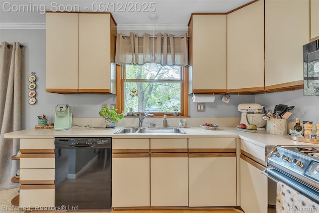 23637 Cranbrooke Dr, Novi, MI 48375 - kitchen featuring black appliances, crown molding, light countertops, a sink, and cream cabinets