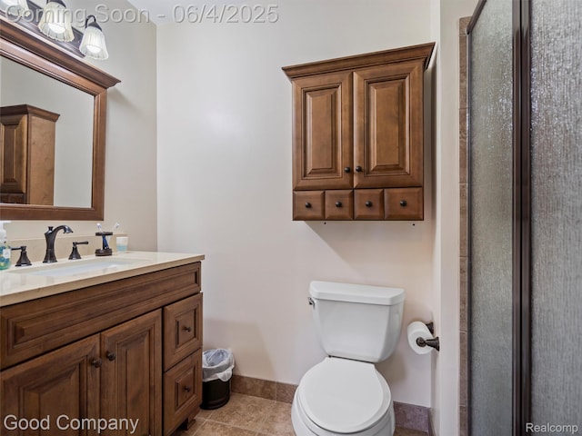 864 Challenging Trl, South Lyon, MI 48178 - bathroom featuring toilet, vanity, tile patterned floors, a stall shower, and baseboards