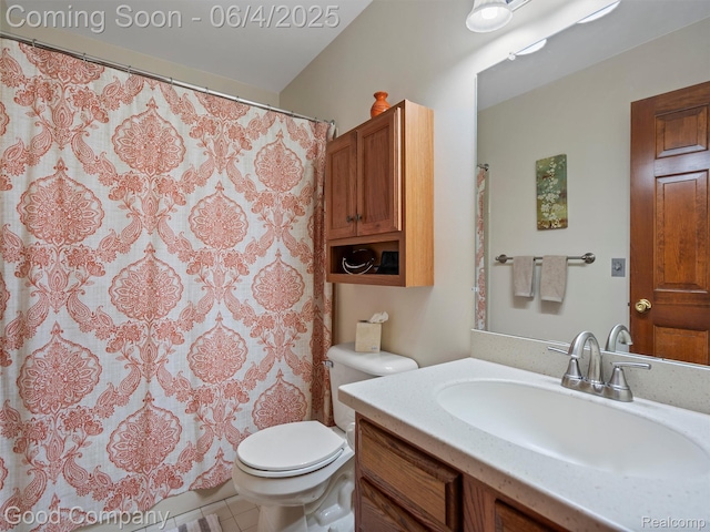 864 Challenging Trl, South Lyon, MI 48178 - bathroom with toilet, vanity, a shower with shower curtain, and tile patterned flooring