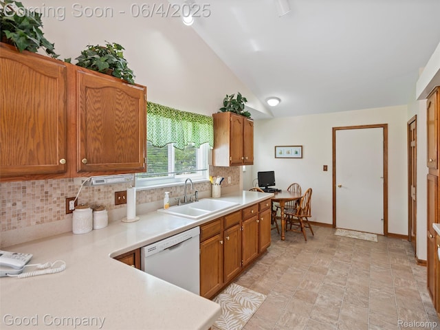 864 Challenging Trl, South Lyon, MI 48178 - kitchen featuring a sink, white dishwasher, backsplash, light countertops, and brown cabinets