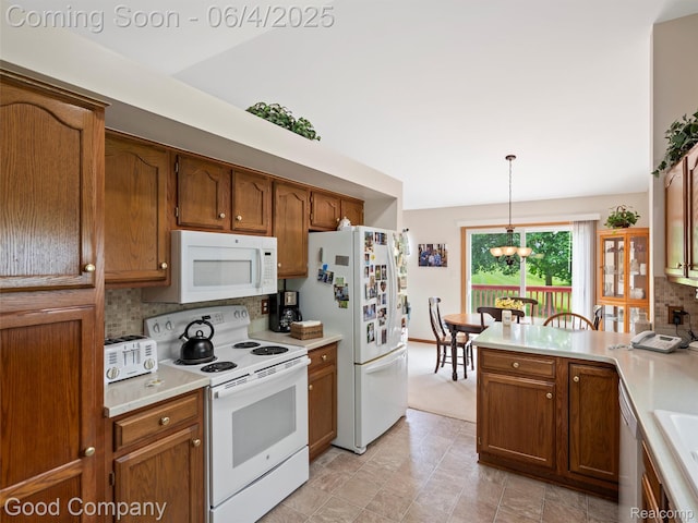 864 Challenging Trl, South Lyon, MI 48178 - kitchen with white appliances, backsplash, brown cabinetry, and light countertops