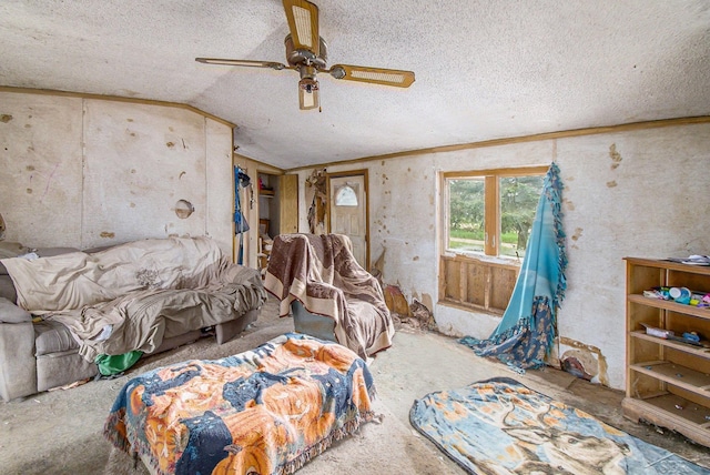 8305 Goodwin Rd, Lyons, MI 48851 - bedroom featuring vaulted ceiling, a textured ceiling, and ceiling fan