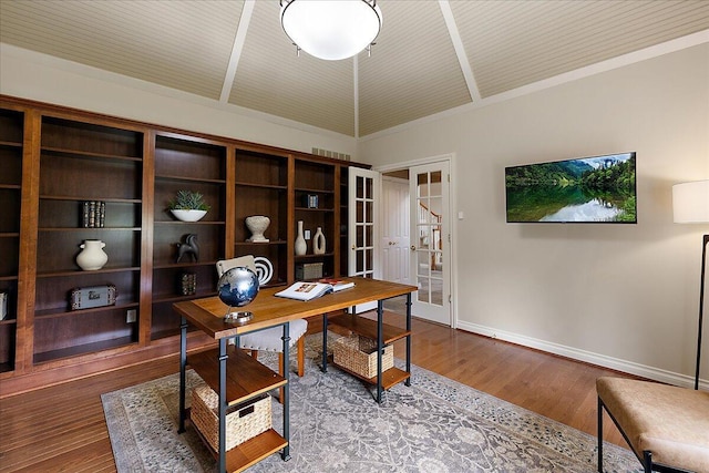 998 Eagle Ave, Ann Arbor, MI 48103 - office with baseboards, wood finished floors, vaulted ceiling, and french doors