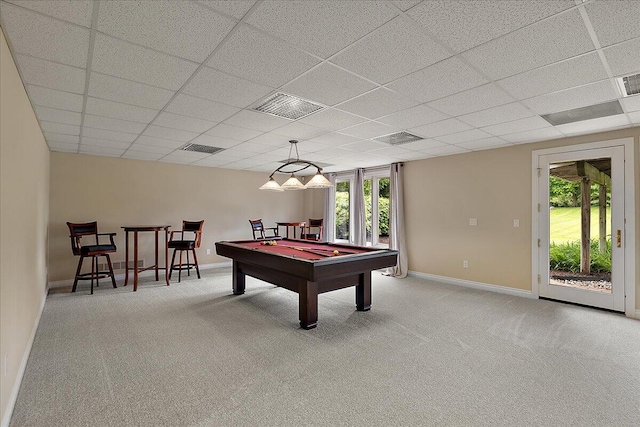 998 Eagle Ave, Ann Arbor, MI 48103 - recreation room with a paneled ceiling, carpet, billiards table, and baseboards