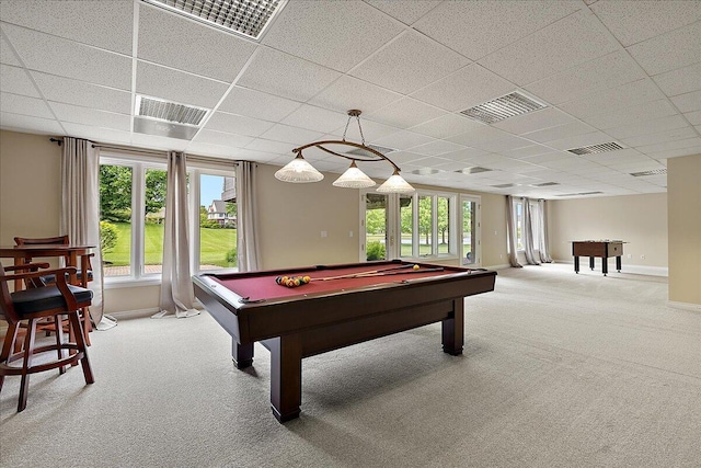 998 Eagle Ave, Ann Arbor, MI 48103 - playroom featuring carpet flooring, pool table, plenty of natural light, a drop ceiling, and baseboards