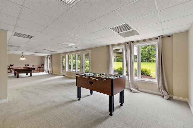 998 Eagle Ave, Ann Arbor, MI 48103 - rec room with carpet floors, billiards, a paneled ceiling, baseboards, and plenty of natural light