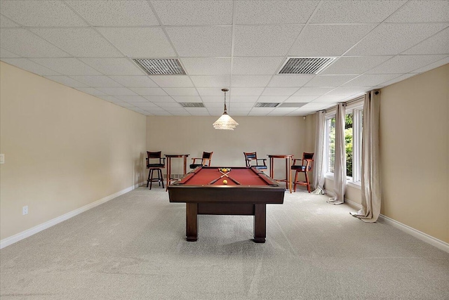 998 Eagle Ave, Ann Arbor, MI 48103 - game room with carpet floors, baseboards, pool table, and a drop ceiling