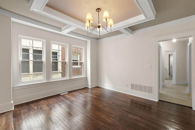 1174 Taylor St, Detroit, MI 48202 - spare room with a chandelier, hardwood / wood-style flooring, coffered ceiling, baseboards, and beamed ceiling