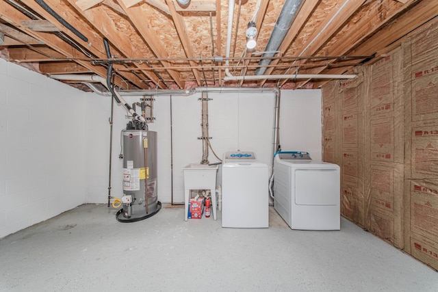 242 S Wallace Blvd, Ypsilanti, MI 48197 - unfinished below grade area featuring gas water heater, independent washer and dryer, concrete block wall, and a sink