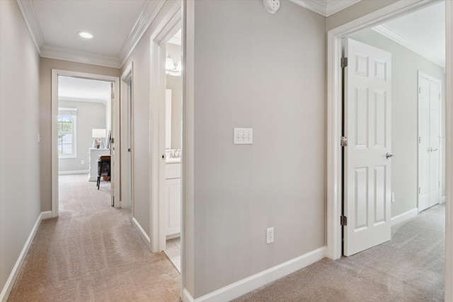71438 Forest Eagle Ln, Niles, MI 49120 - hallway with light colored carpet, crown molding, baseboards, and recessed lighting