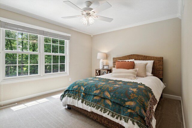 71438 Forest Eagle Ln, Niles, MI 49120 - bedroom with carpet flooring, baseboards, ornamental molding, and a ceiling fan