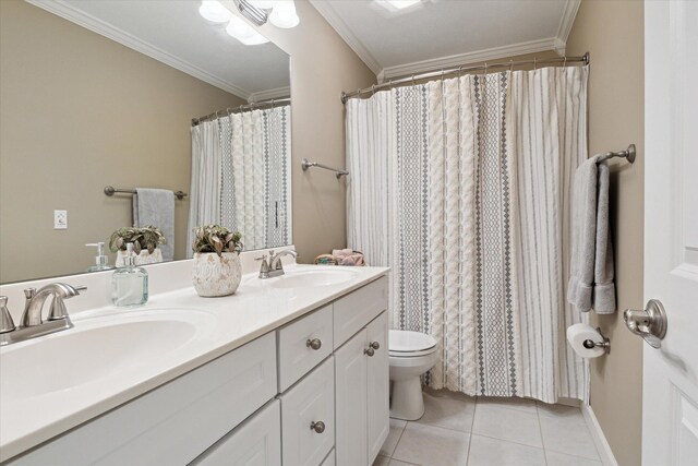 71438 Forest Eagle Ln, Niles, MI 49120 - bathroom with crown molding, double vanity, tile patterned flooring, toilet, and curtained shower