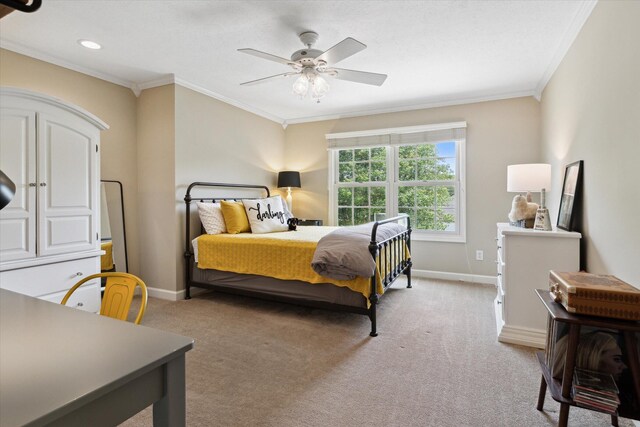 71438 Forest Eagle Ln, Niles, MI 49120 - bedroom with ornamental molding, light colored carpet, baseboards, ceiling fan, and recessed lighting