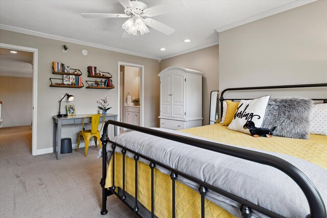 71438 Forest Eagle Ln, Niles, MI 49120 - bedroom featuring light colored carpet, crown molding, recessed lighting, baseboards, and ceiling fan