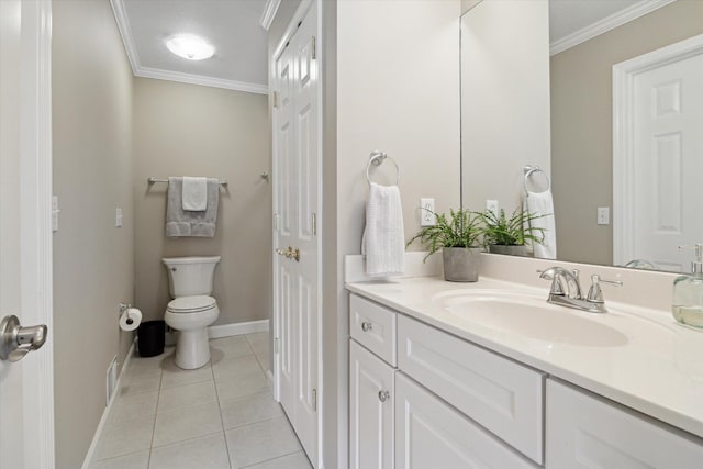 71438 Forest Eagle Ln, Niles, MI 49120 - bathroom featuring crown molding, vanity, tile patterned floors, toilet, and baseboards