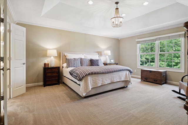 71438 Forest Eagle Ln, Niles, MI 49120 - bedroom featuring baseboards, crown molding, light colored carpet, a chandelier, and recessed lighting