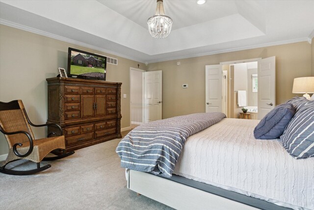 71438 Forest Eagle Ln, Niles, MI 49120 - bedroom with a tray ceiling, a chandelier, carpet floors, ornamental molding, and baseboards