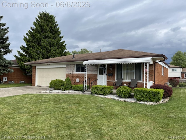 3028 Earl Dr, Warren, MI 48092 - view of front facade with brick siding, an attached garage, a front lawn, driveway, and a porch