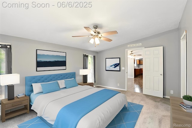 10900 Tuttlehill Rd, Milan, MI 48160 - bedroom featuring vaulted ceiling, baseboards, carpet, and a ceiling fan