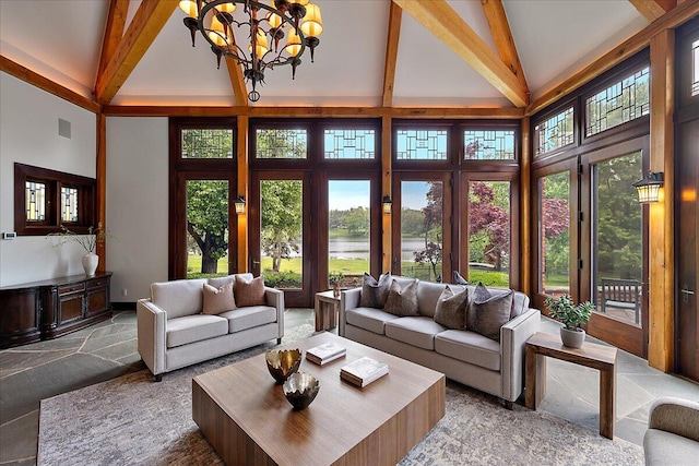490 E Long Lake Rd, Bloomfield Hills, MI 48304 - living room featuring high vaulted ceiling, a water view, beam ceiling, and a chandelier