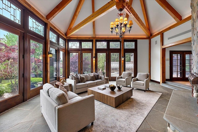 490 E Long Lake Rd, Bloomfield Hills, MI 48304 - living room featuring high vaulted ceiling, french doors, a chandelier, beamed ceiling, and stone tile flooring