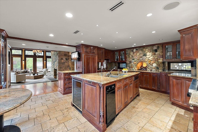 490 E Long Lake Rd, Bloomfield Hills, MI 48304 - kitchen featuring beverage cooler, stone tile floors, crown molding, decorative backsplash, and recessed lighting