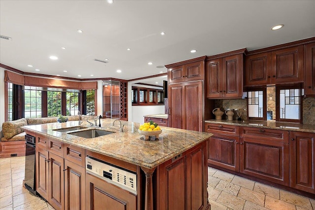 490 E Long Lake Rd, Bloomfield Hills, MI 48304 - kitchen with a sink, stone tile flooring, recessed lighting, a kitchen island with sink, and decorative backsplash