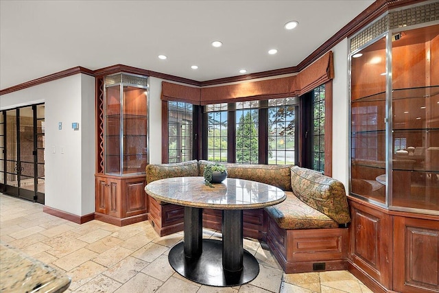490 E Long Lake Rd, Bloomfield Hills, MI 48304 - dining area with breakfast area, crown molding, recessed lighting, baseboards, and healthy amount of natural light